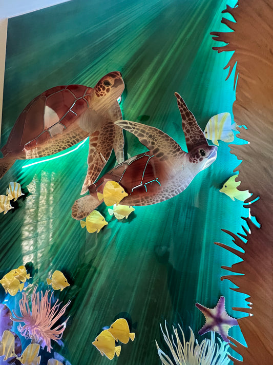 Tortuga Reef Tank Wall Panel – Lighted Sea Turtle, Coral & Octopus Ocean Art – Custom Coastal Aquarium Decor for Homes & Businesses
