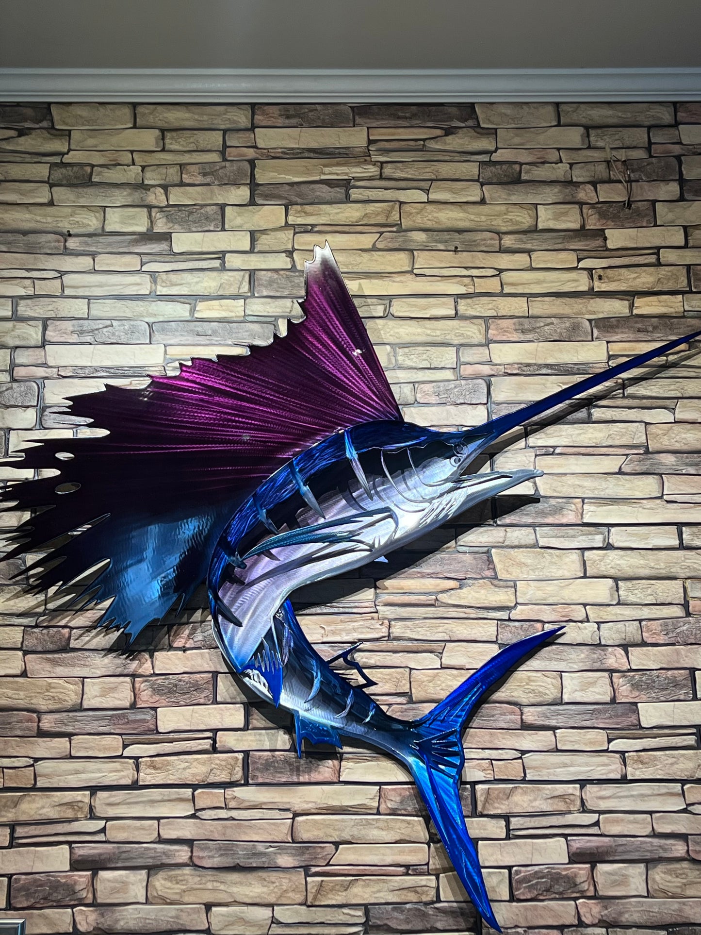 3D Exo-Stencil Series Premium Turning Sailfish Metal Wall Sculpture - Purple and Blue - Coastal & Boat Decor - Sailfish Metal Wall Art