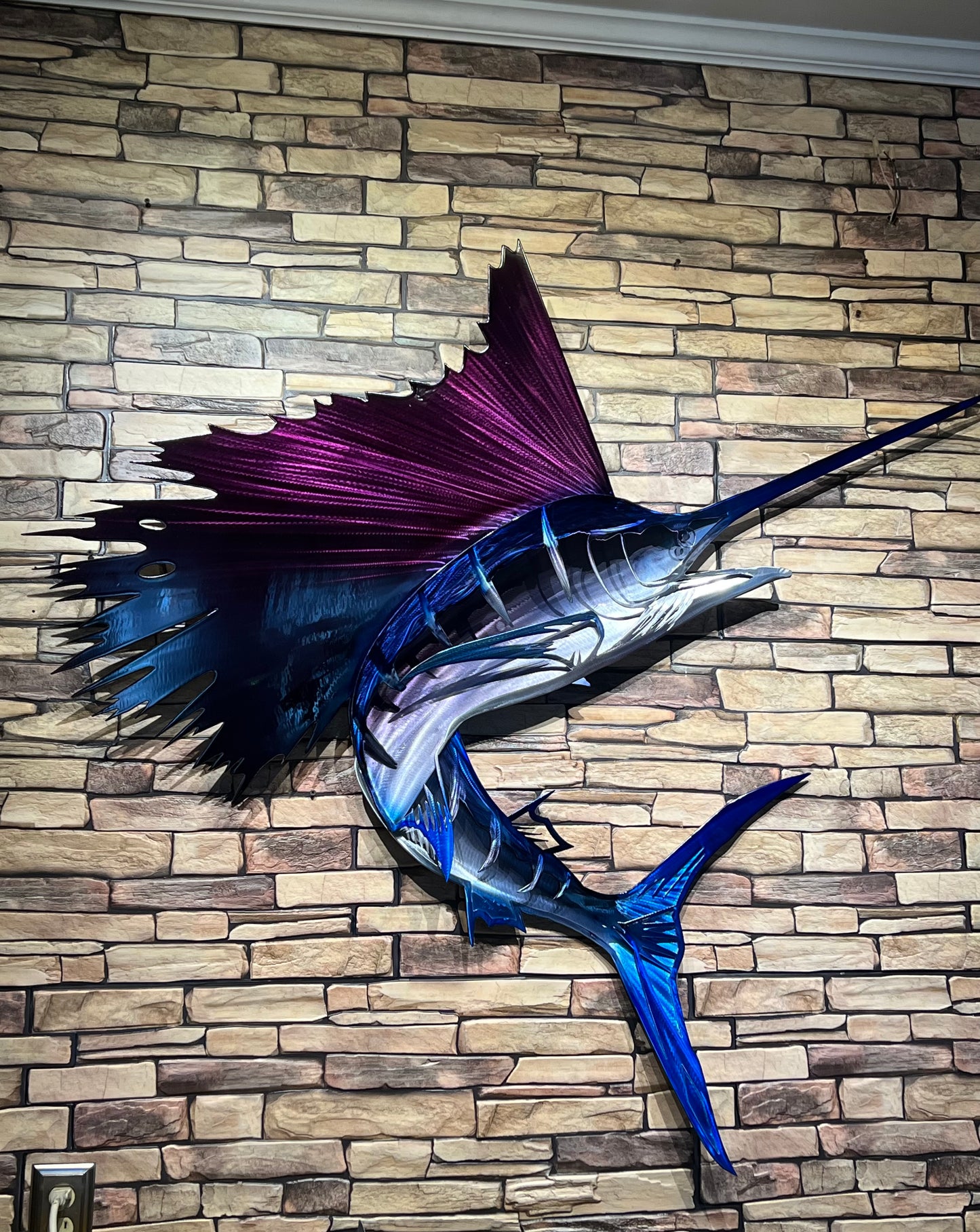 3D Exo-Stencil Series Premium Turning Sailfish Metal Wall Sculpture - Purple and Blue - Coastal & Boat Decor - Sailfish Metal Wall Art