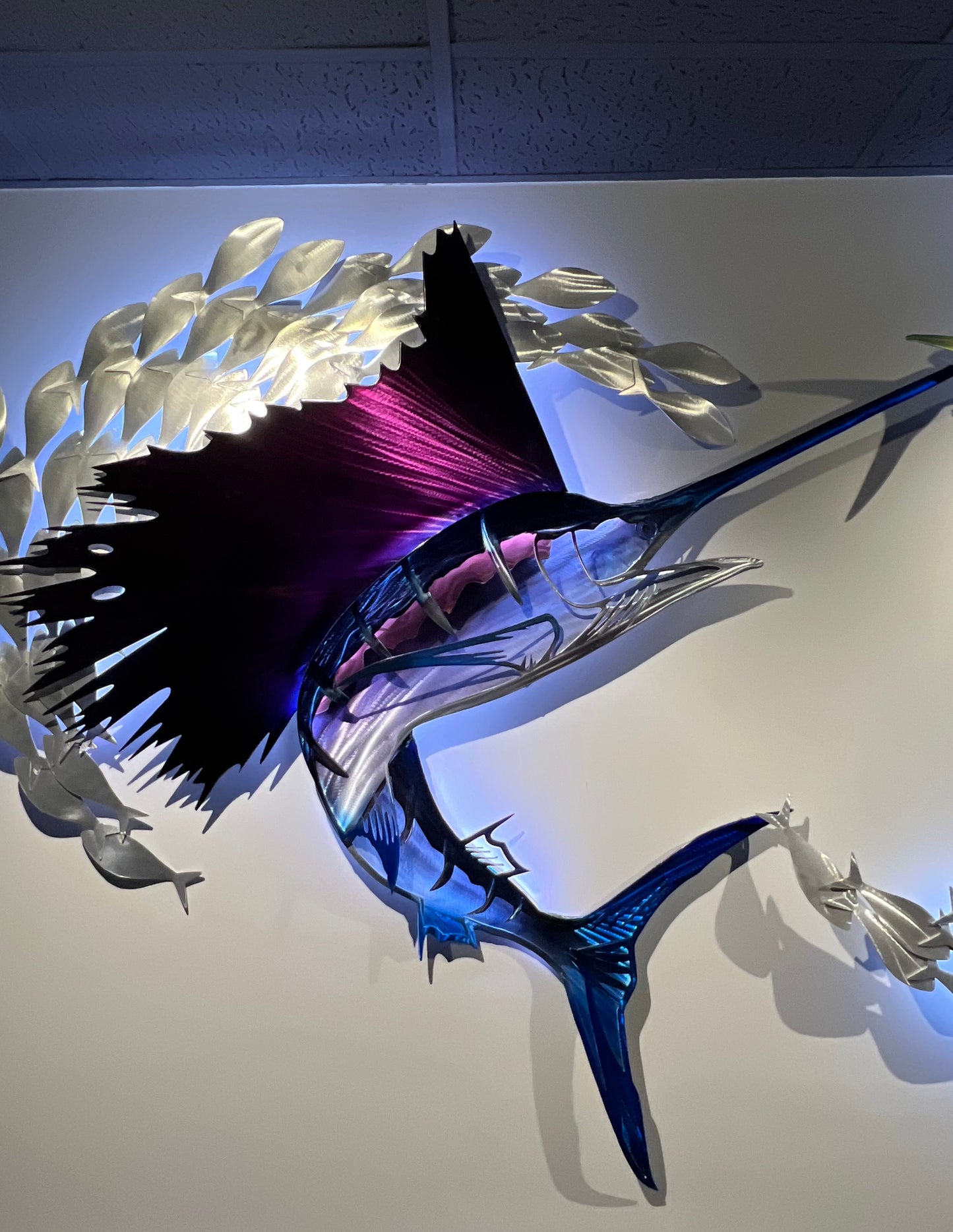 3D Exo-Stencil Series Premium Turning Sailfish Metal Wall Sculpture - Purple and Blue - Coastal & Boat Decor - Sailfish Metal Wall Art