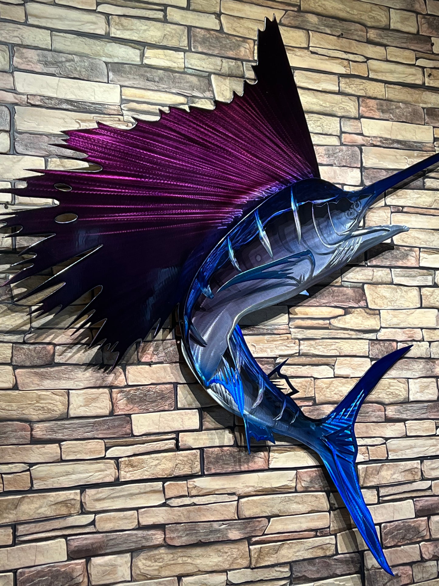 3D Exo-Stencil Series Premium Turning Sailfish Metal Wall Sculpture - Purple and Blue - Coastal & Boat Decor - Sailfish Metal Wall Art