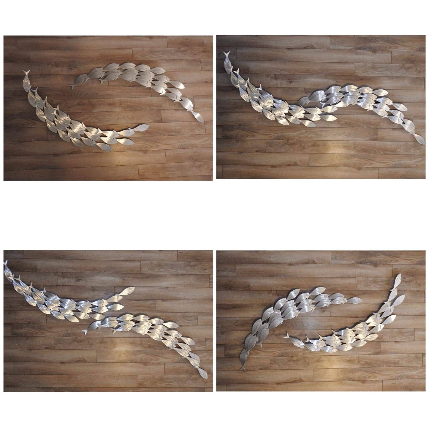 Handmade Metal Wall Sculpture: Two clusters of 24 Baitfish School, Custom-Etched Design Inspired by Fish Schooling Behavior