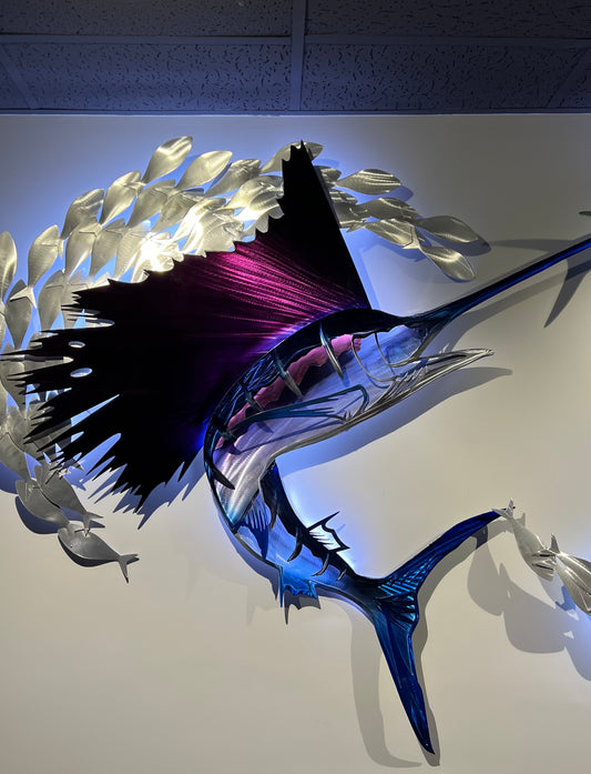 3D Exo-Stencil Series Premium Turning Sailfish Metal Wall Sculpture - Purple and Blue - Coastal & Boat Decor - Sailfish Metal Wall Art