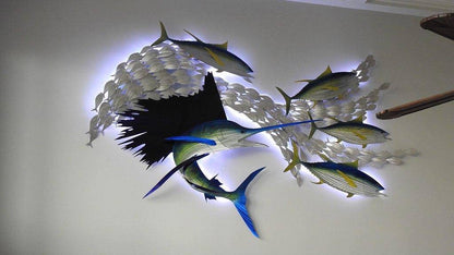 Sailfish Tuna Blitz: Handmade Metal Wall Sculpture with Baitfish, Sailfish, and Tuna – Free Installation Included