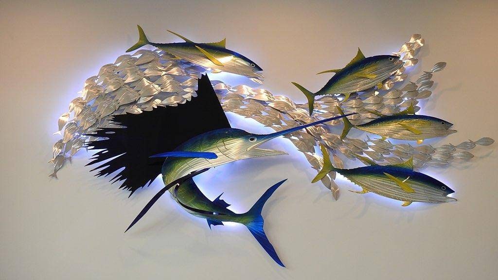 Sailfish Tuna Blitz: Handmade Metal Wall Sculpture with Baitfish, Sailfish, and Tuna – Free Installation Included