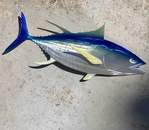 Sean Tuttle's Yellow Fin Tuna: Original Handmade Metal Wall Art, Lifelike Sculpture of a Predatory Game Fish with Detailed Etchings