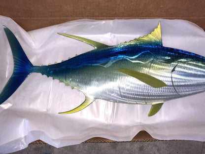 Sean Tuttle's Yellow Fin Tuna: Original Handmade Metal Wall Art, Lifelike Sculpture of a Predatory Game Fish with Detailed Etchings