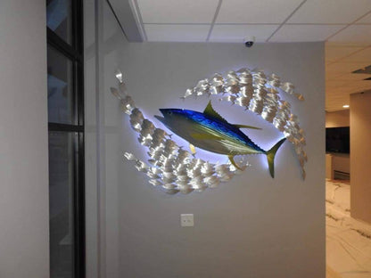 Sean Tuttle's Yellow Fin Tuna: Original Handmade Metal Wall Art, Lifelike Sculpture of a Predatory Game Fish with Detailed Etchings