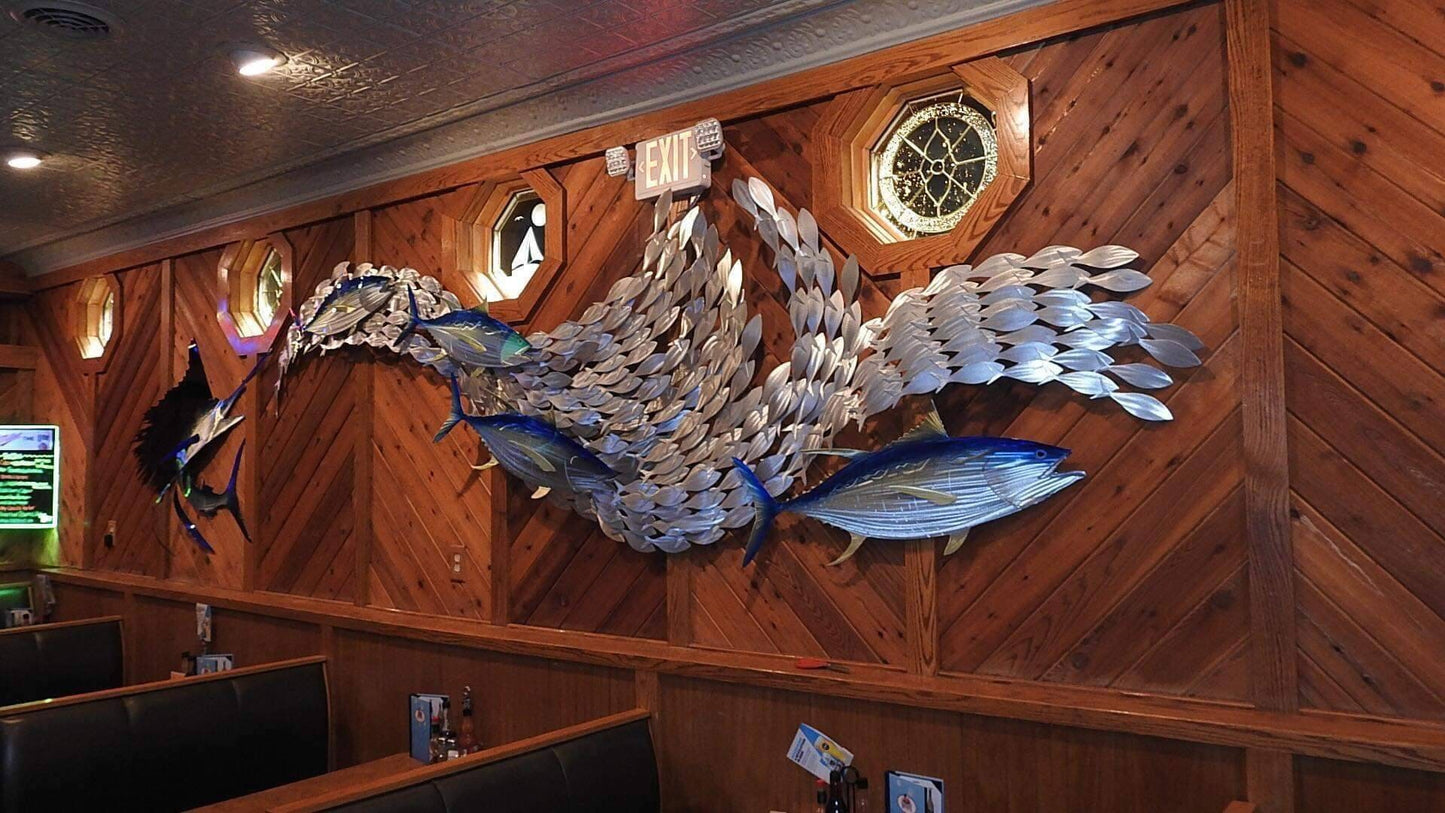 Sailfish Tuna Blitz: Handmade Metal Wall Sculpture with Baitfish, Sailfish, and Tuna – Free Installation Included