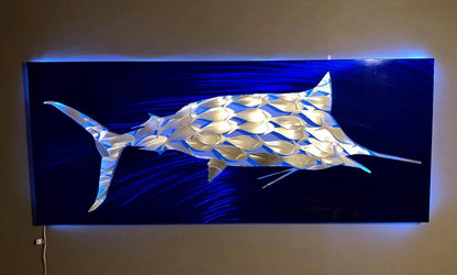 You Are What You Eat - Handmade 60" Blue Marlin & Baitfish Metal Wall Panel Sculpture - Ocean Elegance