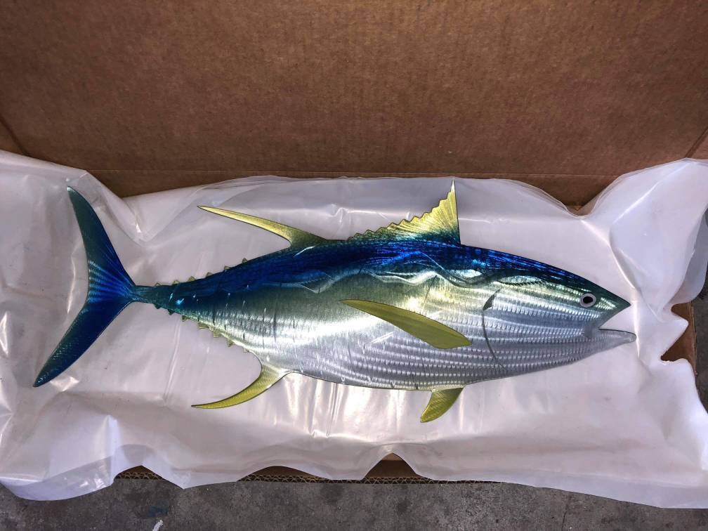 Sean Tuttle's Yellow Fin Tuna: Original Handmade Metal Wall Art, Lifelike Sculpture of a Predatory Game Fish with Detailed Etchings