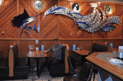 Sailfish Tuna Blitz: Handmade Metal Wall Sculpture with Baitfish, Sailfish, and Tuna – Free Installation Included