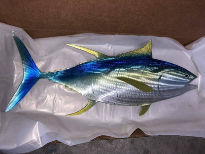 Sean Tuttle's Yellow Fin Tuna: Original Handmade Metal Wall Art, Lifelike Sculpture of a Predatory Game Fish with Detailed Etchings