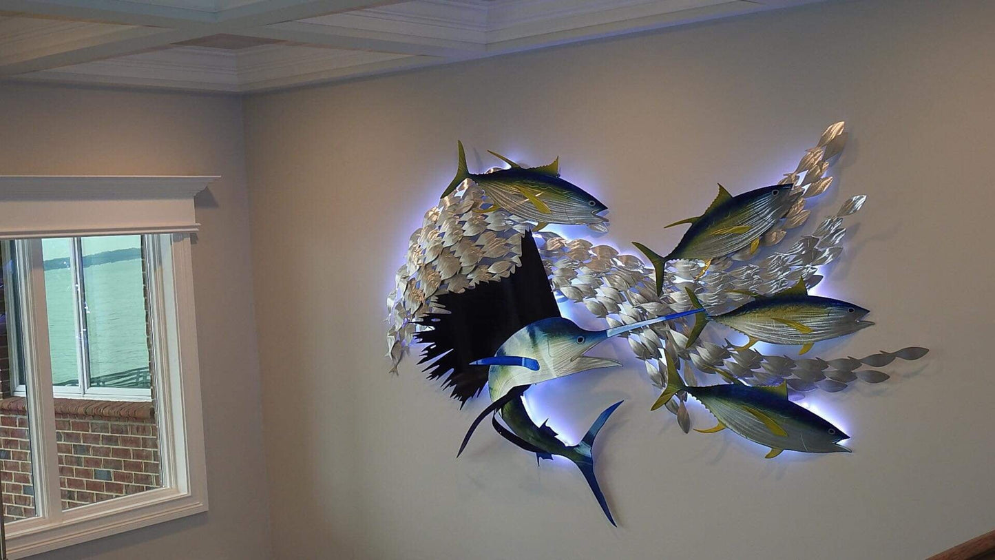 Sailfish Tuna Blitz: Handmade Metal Wall Sculpture with Baitfish, Sailfish, and Tuna – Free Installation Included