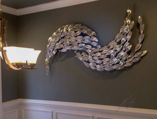 Handmade Metal Wall Sculpture: 144 Count Baitfish School, Custom-Etched Design Inspired by Fish Schooling Behavior