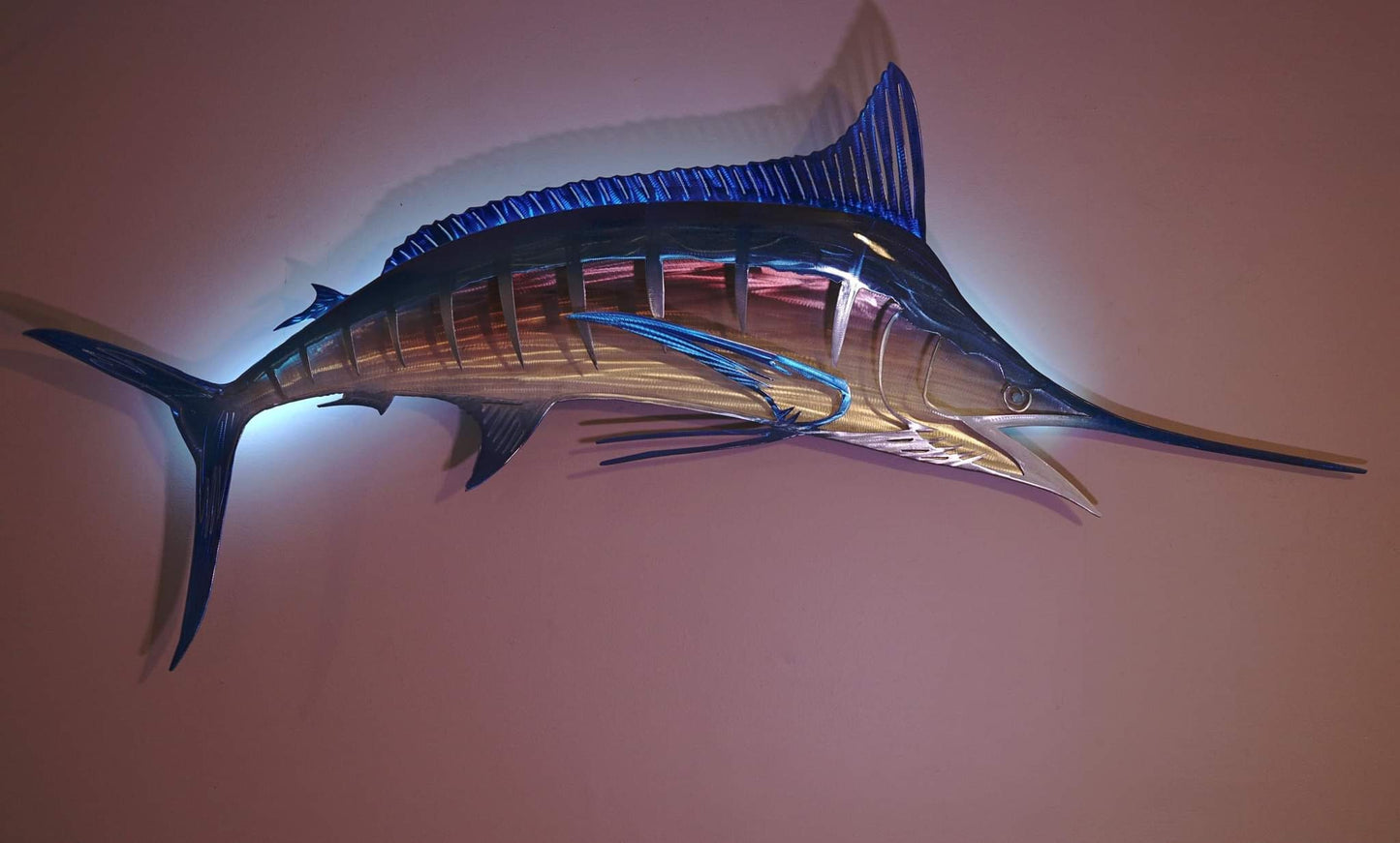 Exo Stencil Blue Marlin Lighted Metal Fish Wall Art Large Six-Foot Handmade Sculpture Free Shipping in U.S. Ready to Ship Metal Fish Art