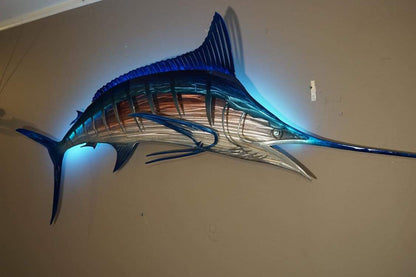 Exo Stencil Blue Marlin: Original Handmade Metal Fish Sculpture, Premium Metal Wall Art