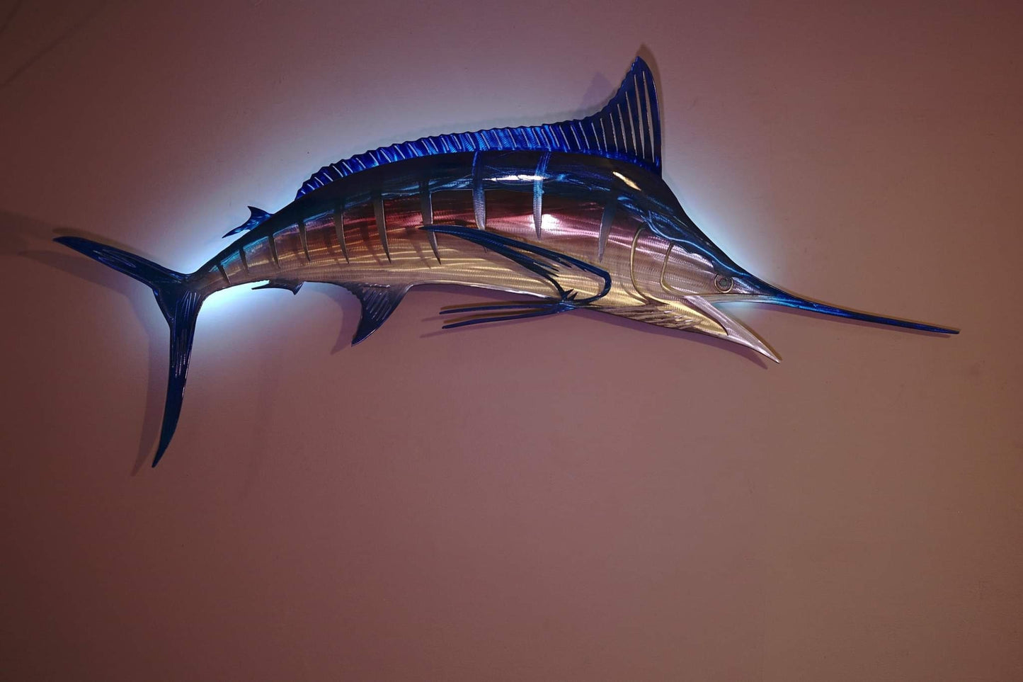 Exo Stencil Blue Marlin Lighted Metal Fish Wall Art Large Six-Foot Handmade Sculpture Free Shipping in U.S. Ready to Ship Metal Fish Art