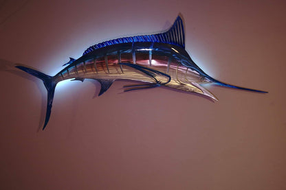 Exo Stencil Blue Marlin: Original Handmade Metal Fish Sculpture, Premium Metal Wall Art