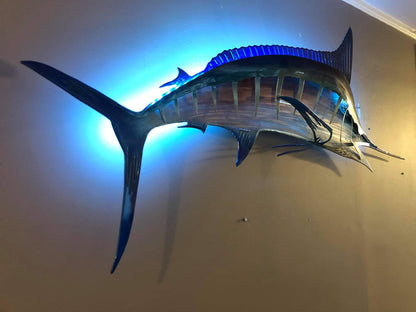 Exo Stencil Blue Marlin: Original Handmade Metal Fish Sculpture, Premium Metal Wall Art