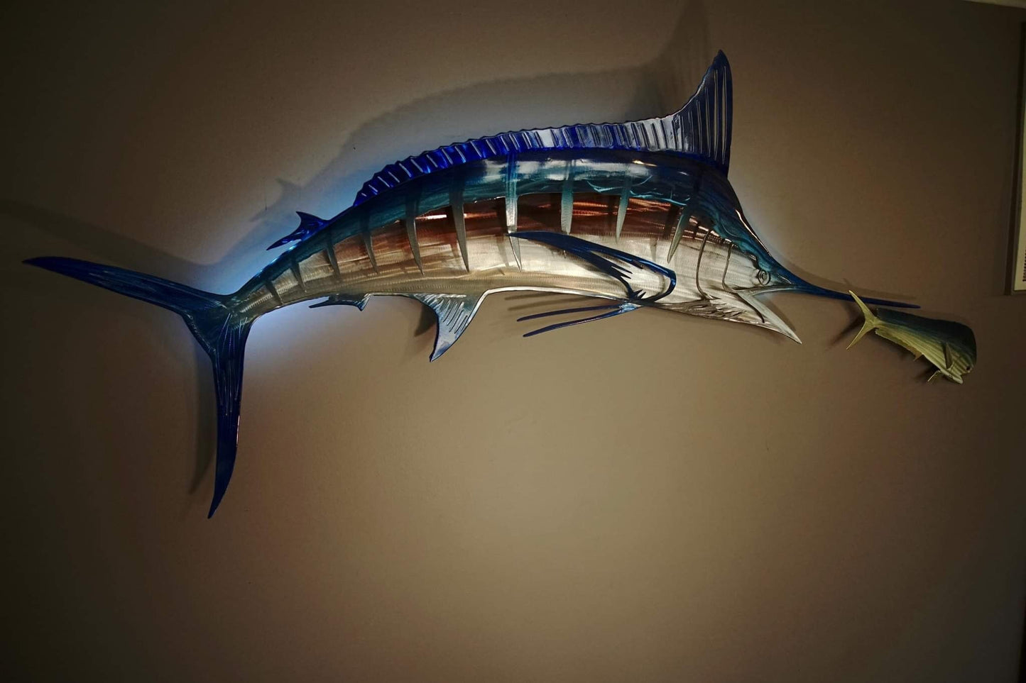 Exo Stencil Blue Marlin Lighted Metal Fish Wall Art Large Six-Foot Handmade Sculpture Free Shipping in U.S. Ready to Ship Metal Fish Art