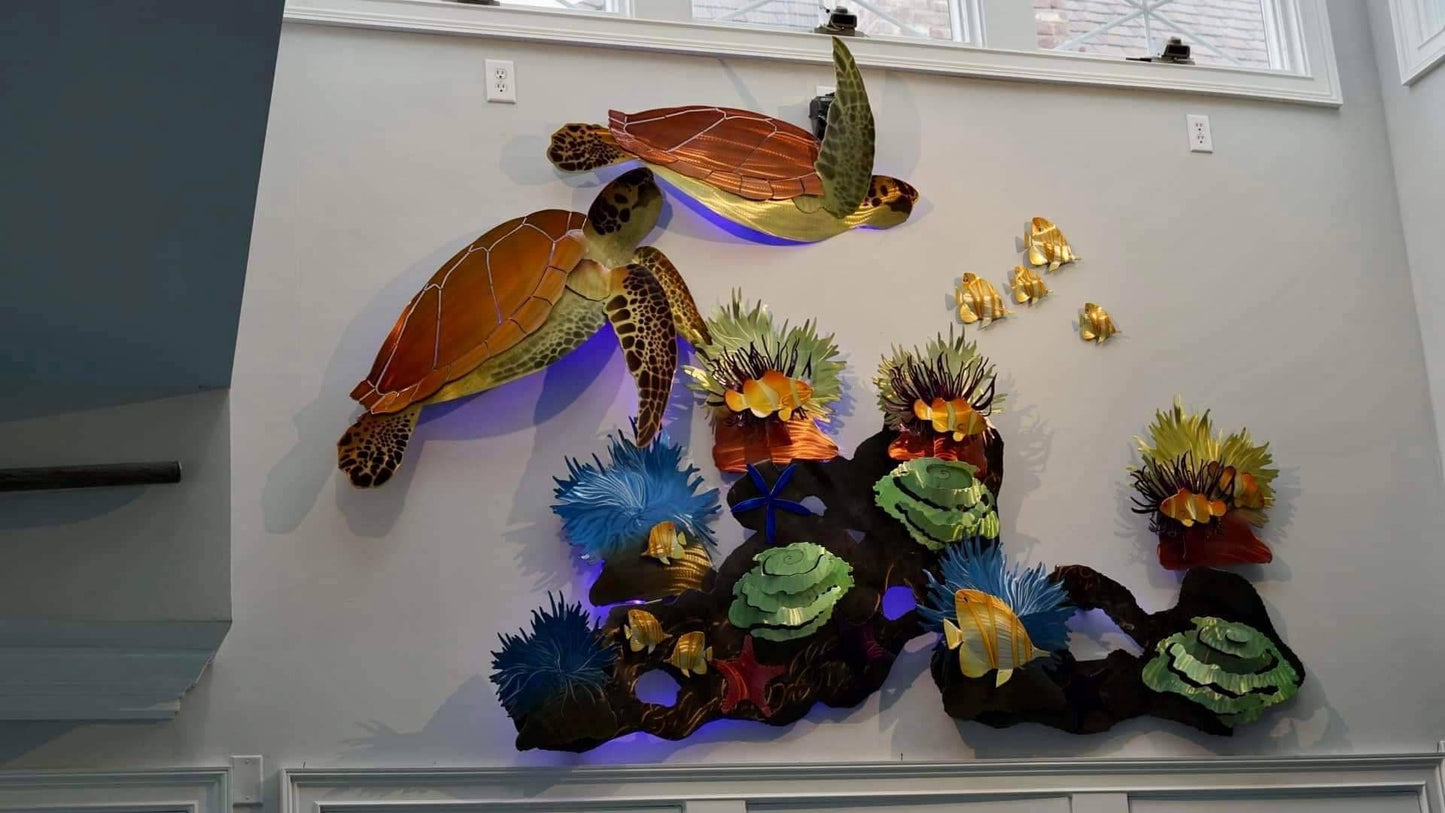 Tortuga Reef: Vibrant Sea Turtle Sculptures Amidst a Coral Wonderland - Metal Wall Art