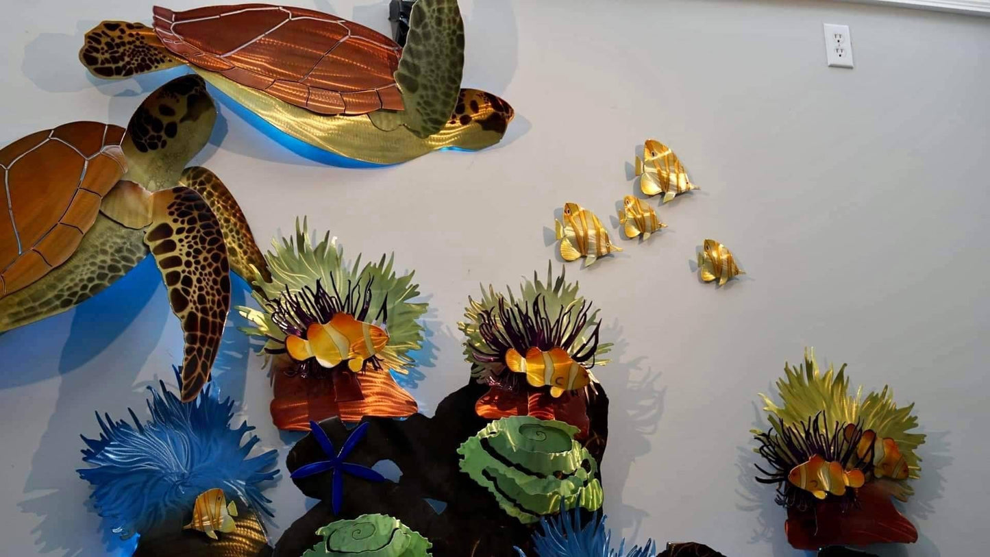 Tortuga Reef: Vibrant Sea Turtle Sculptures Amidst a Coral Wonderland - Metal Wall Art