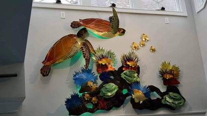 Tortuga Reef: Vibrant Sea Turtle Sculptures Amidst a Coral Wonderland - Metal Wall Art