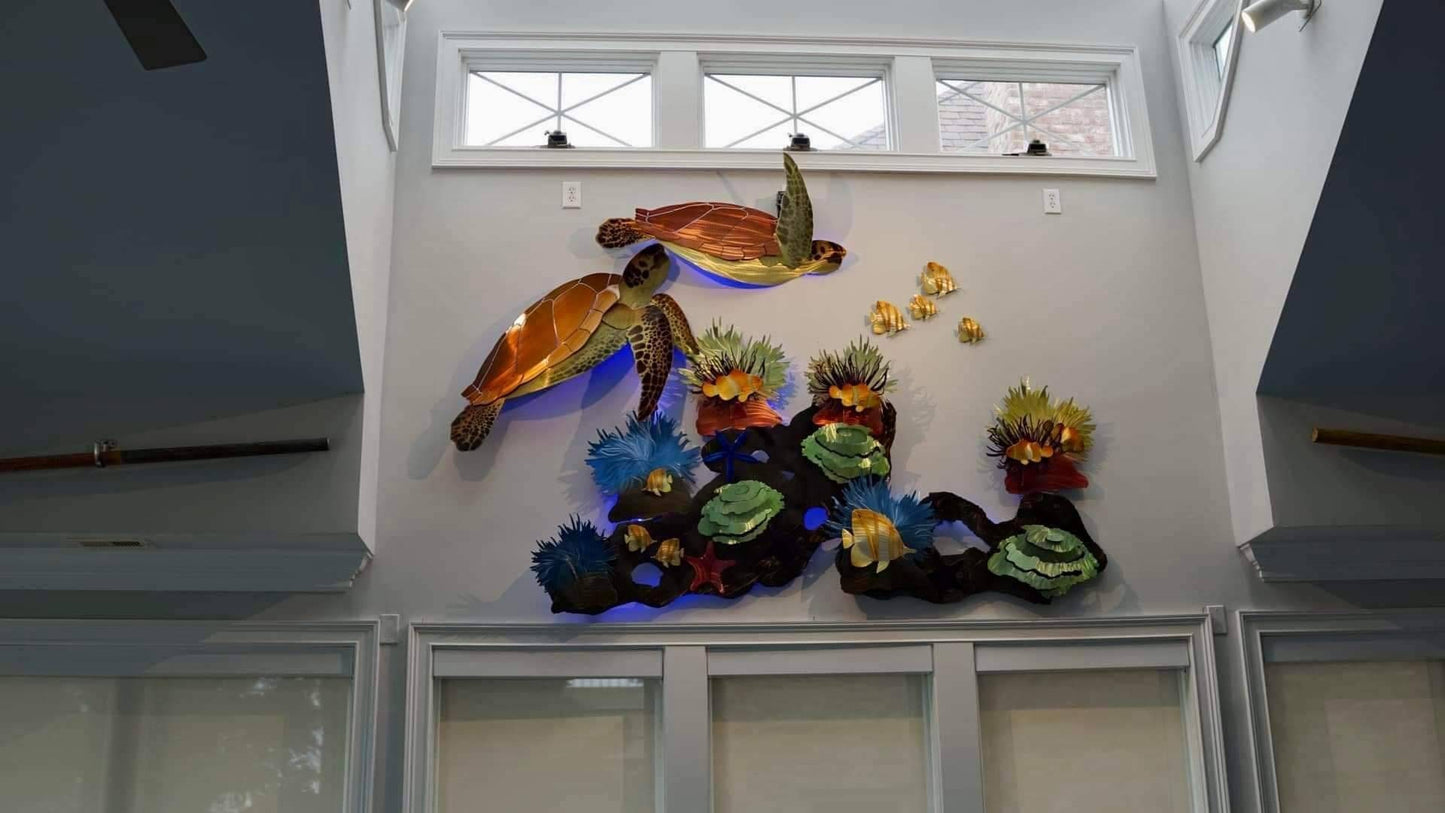 Tortuga Reef: Vibrant Sea Turtle Sculptures Amidst a Coral Wonderland - Metal Wall Art