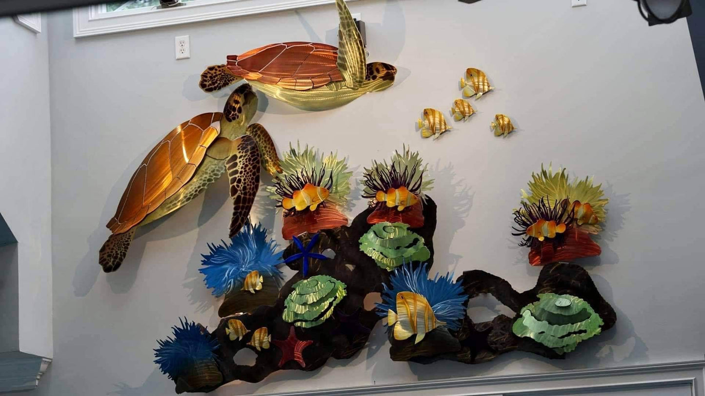 Tortuga Reef: Vibrant Sea Turtle Sculptures Amidst a Coral Wonderland - Metal Wall Art