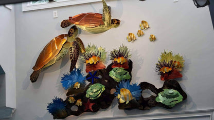 Tortuga Reef: Vibrant Sea Turtle Sculptures Amidst a Coral Wonderland - Metal Wall Art