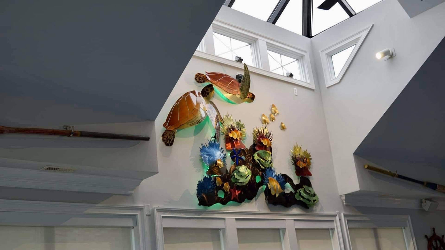 Tortuga Reef: Vibrant Sea Turtle Sculptures Amidst a Coral Wonderland - Metal Wall Art