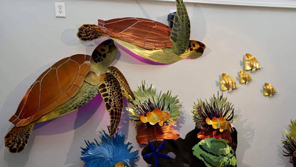 Tortuga Reef: Vibrant Sea Turtle Sculptures Amidst a Coral Wonderland - Metal Wall Art