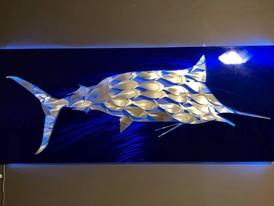 You Are What You Eat - Handmade 60" Blue Marlin & Baitfish Metal Wall Panel Sculpture - Ocean Elegance