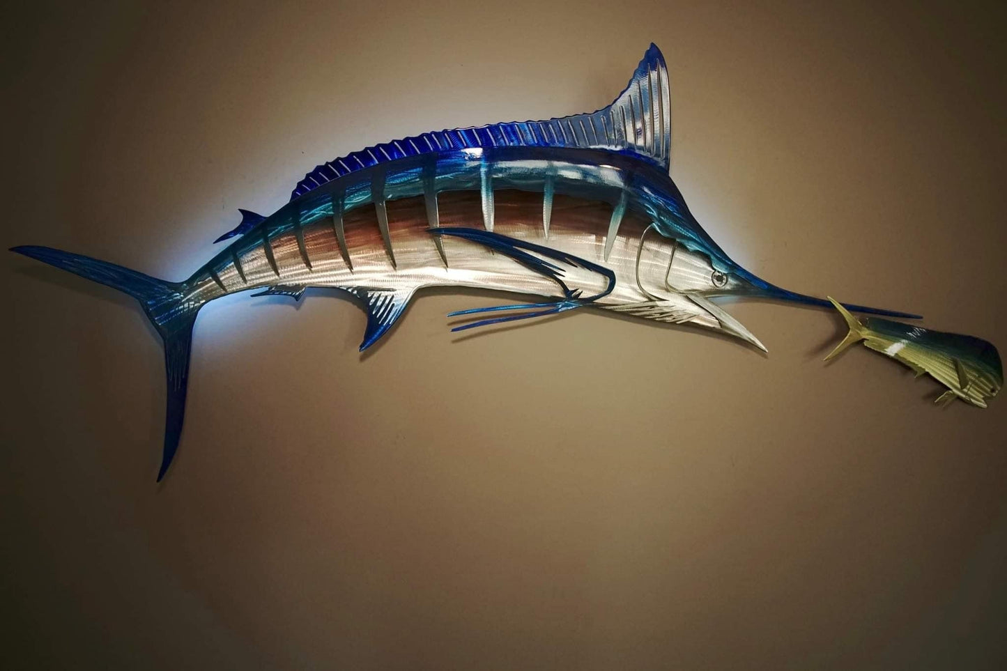 Exo Stencil Blue Marlin Lighted Metal Fish Wall Art Large Six-Foot Handmade Sculpture Free Shipping in U.S. Ready to Ship Metal Fish Art