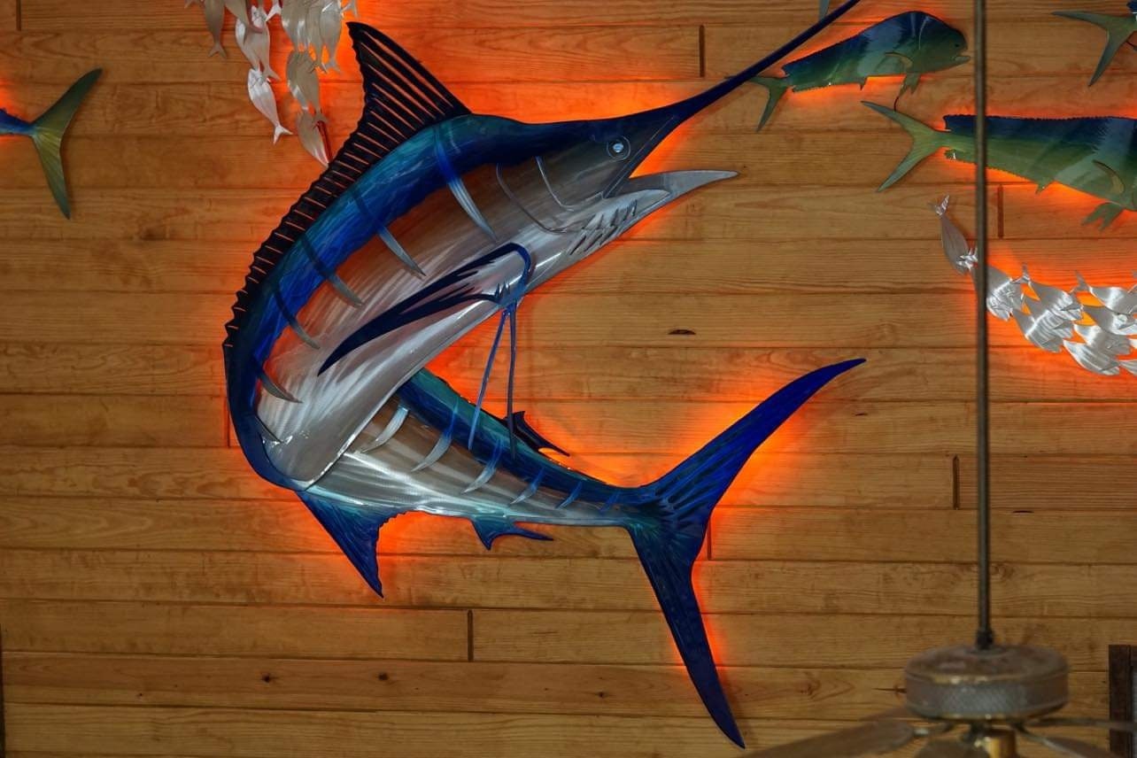 Exo Stencil Turning Blue Marlin: Premium Original Handmade Metal Wall Art Fish Sculpture