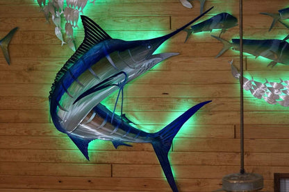 Exo Stencil Turning Blue Marlin: Premium Original Handmade Metal Wall Art Fish Sculpture