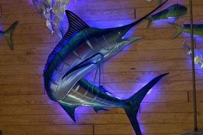 Exo Stencil Turning Blue Marlin: Premium Original Handmade Metal Wall Art Fish Sculpture