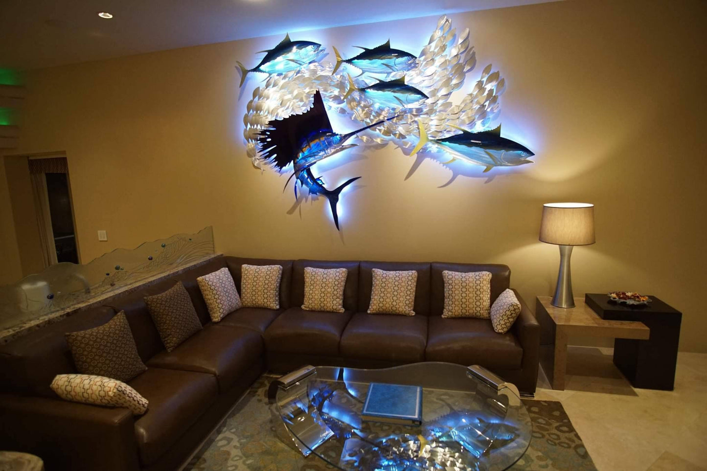 Exo-Stencil Sailfish Tuna Blitz Handmade Metal Wall Sculpture with Baitfish, Sailfish, and Tuna – Free Installation Included