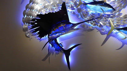 Exo-Stencil Sailfish Tuna Blitz Handmade Metal Wall Sculpture with Baitfish, Sailfish, and Tuna – Free Installation Included