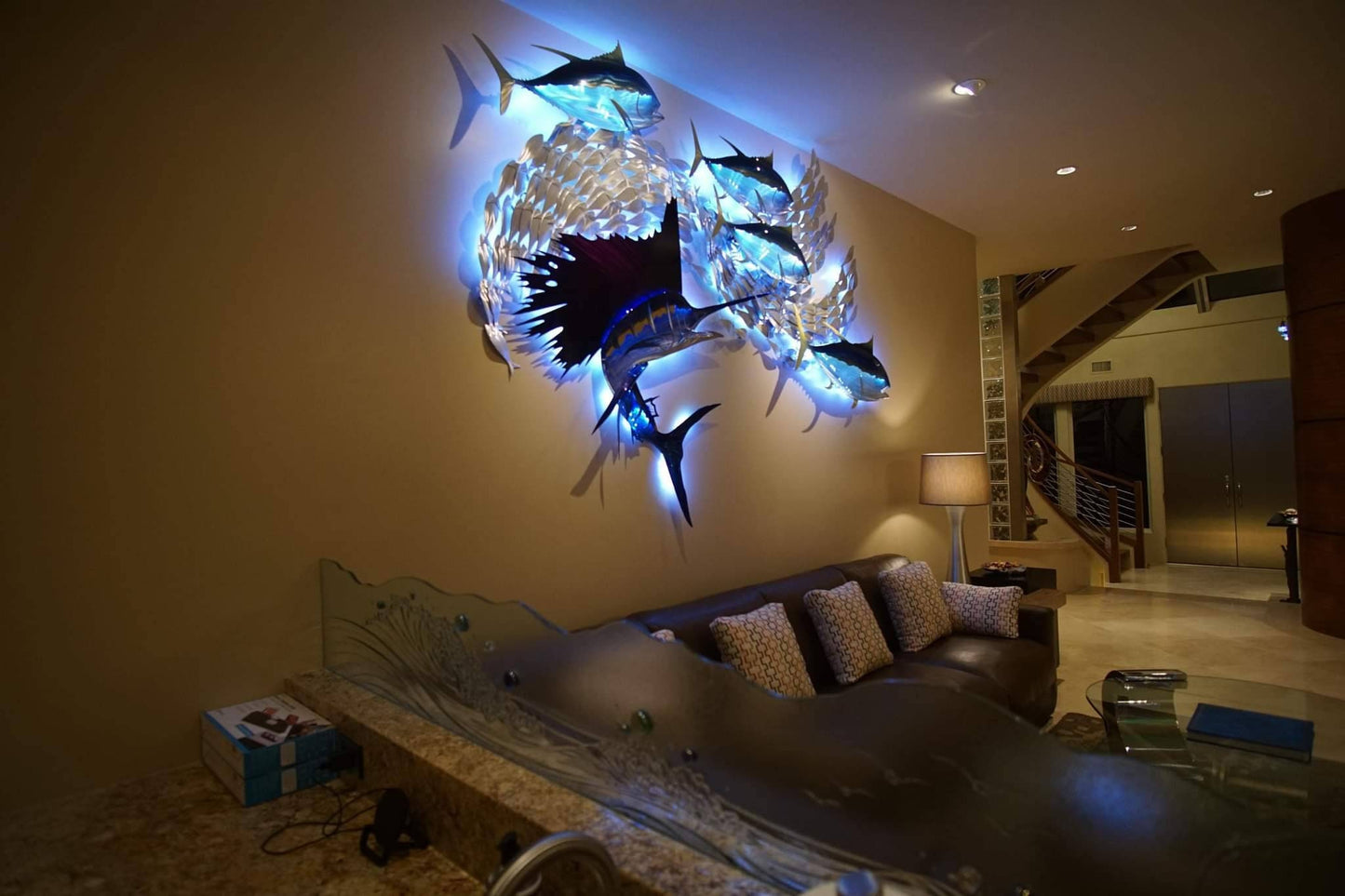 Exo-Stencil Sailfish Tuna Blitz Handmade Metal Wall Sculpture with Baitfish, Sailfish, and Tuna – Free Installation Included