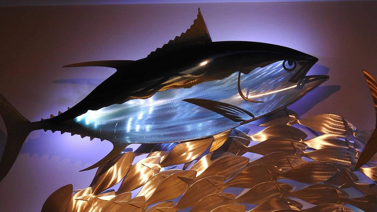 Exo-Stencil Sailfish Tuna Blitz Handmade Metal Wall Sculpture with Baitfish, Sailfish, and Tuna – Free Installation Included