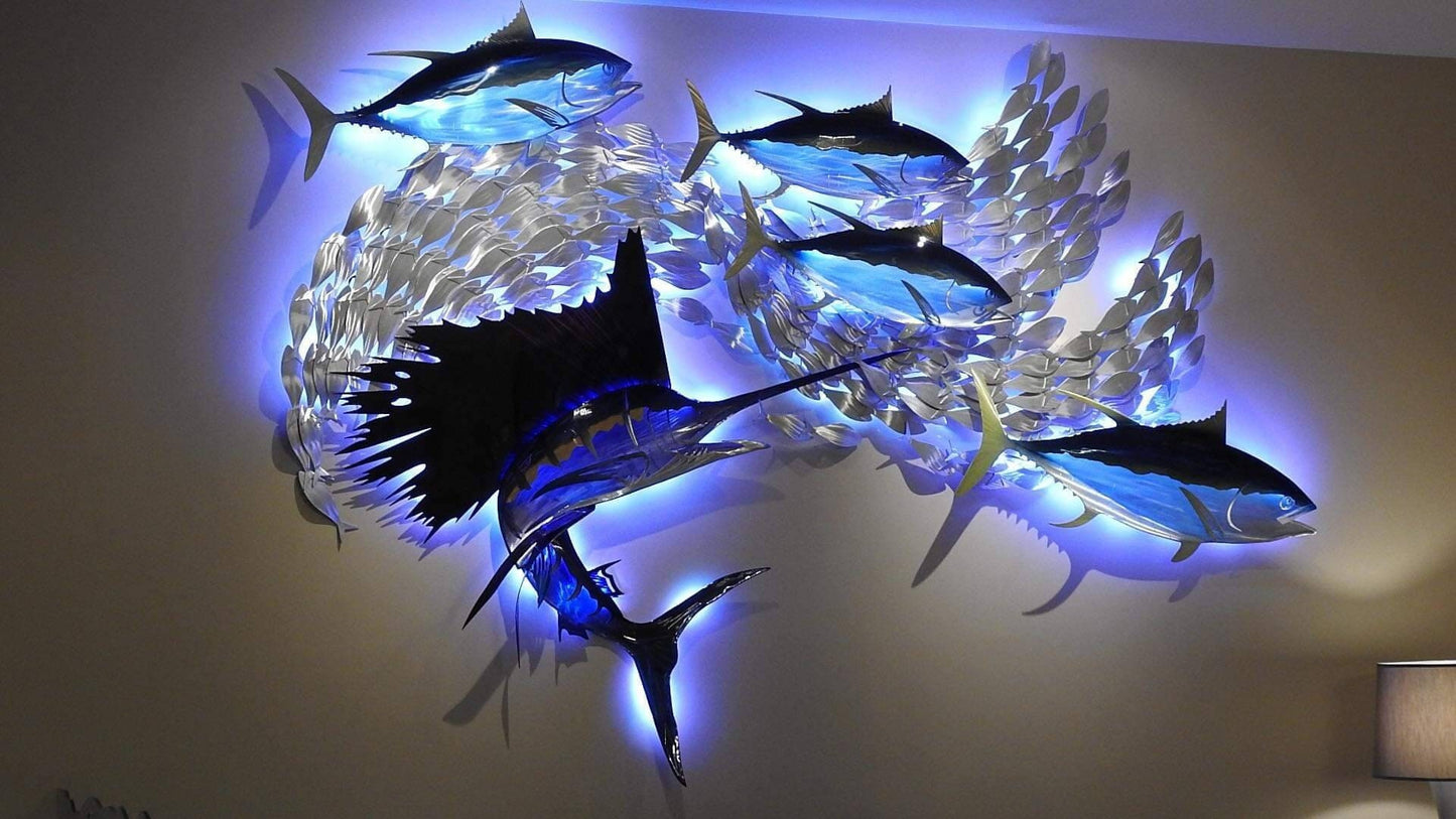 Exo-Stencil Sailfish Tuna Blitz Handmade Metal Wall Sculpture with Baitfish, Sailfish, and Tuna – Free Installation Included