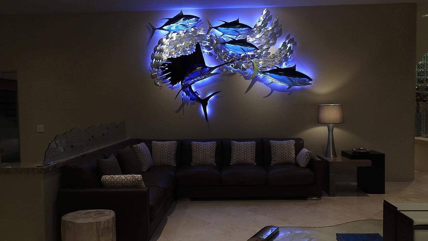 Exo-Stencil Sailfish Tuna Blitz Handmade Metal Wall Sculpture with Baitfish, Sailfish, and Tuna – Free Installation Included