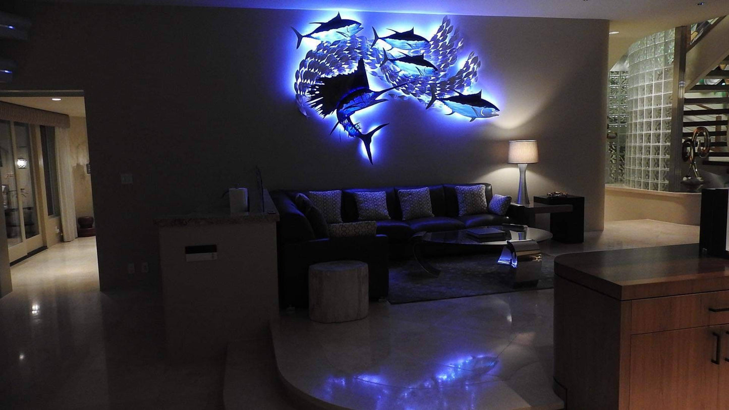 Exo-Stencil Sailfish Tuna Blitz Handmade Metal Wall Sculpture with Baitfish, Sailfish, and Tuna – Free Installation Included