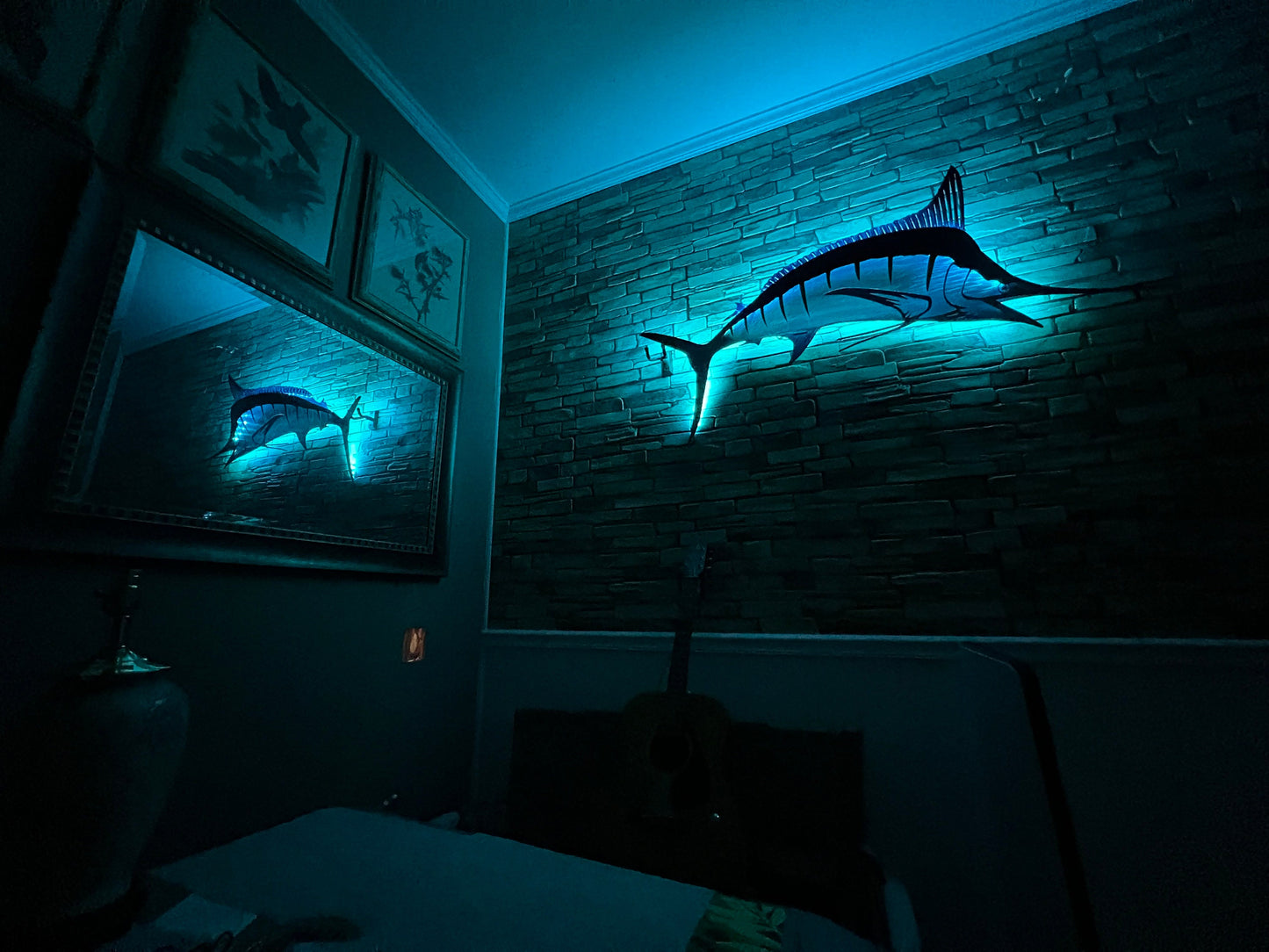 Exo Stencil Blue Marlin Lighted Metal Fish Wall Art Large Six-Foot Handmade Sculpture Free Shipping in U.S. Ready to Ship Metal Fish Art