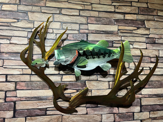 Exo-Stencil Large Mouth Bass and Deer Antlers Metal Wall Scene