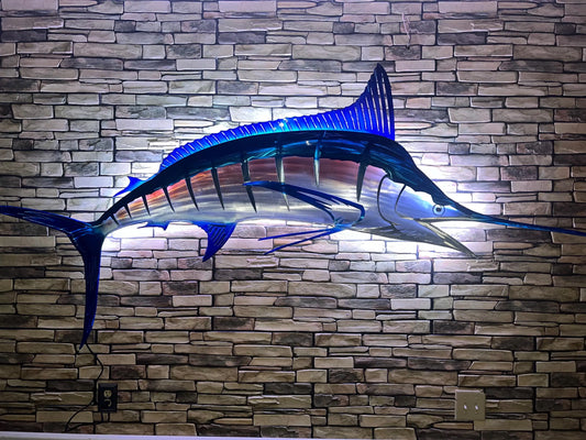 Exo Stencil Blue Marlin: Original Handmade Metal Fish Sculpture, Premium Metal Wall Art